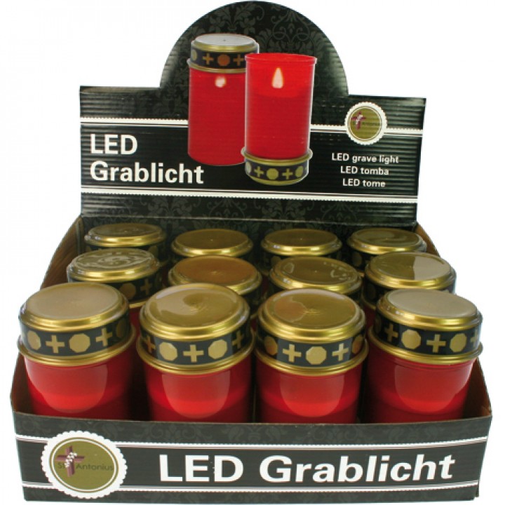 Hřbitovní elektrická LED svíčka na baterie červená 12 cm zlaté víčko